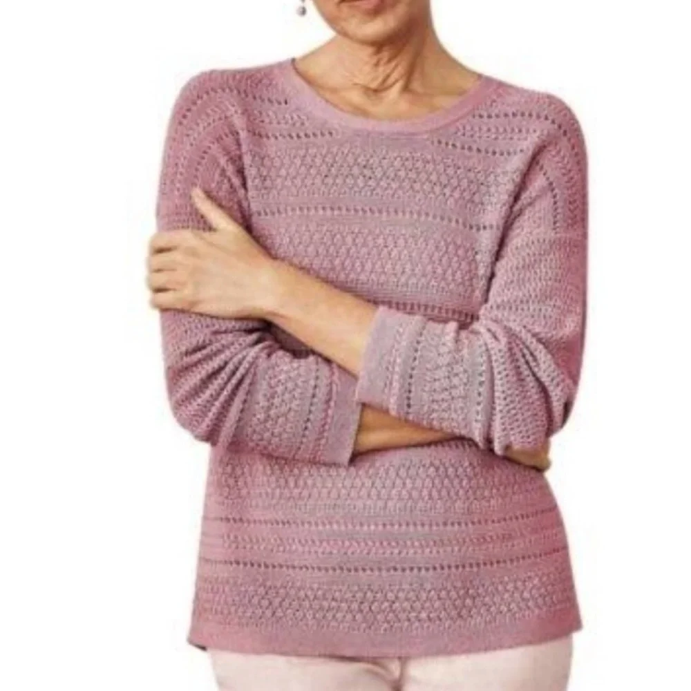 J.Jill Womn M Mauve Cotton Blend Open Knit Textured Stripe Pullover Sweater NWOT